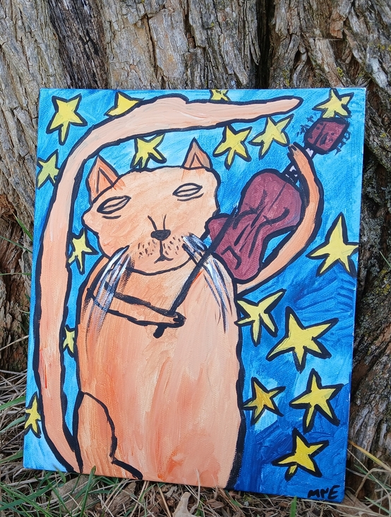 Hand Crafted Other - Cat Playing Fiddle Painting